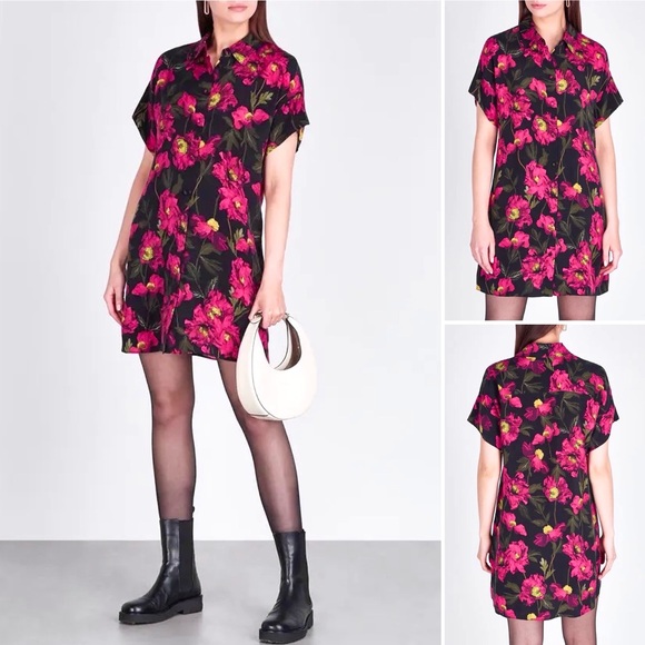 Alice + Olivia Dresses & Skirts - Alice + Olivia 100% Silk Lucette Floral Print Mini Shirt Dress Dropped Shoulder